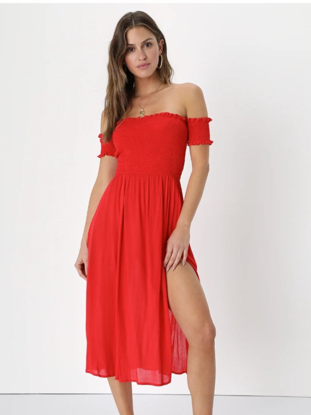 Lulus View from the Meadow Red Off-the-Shoulder Dress